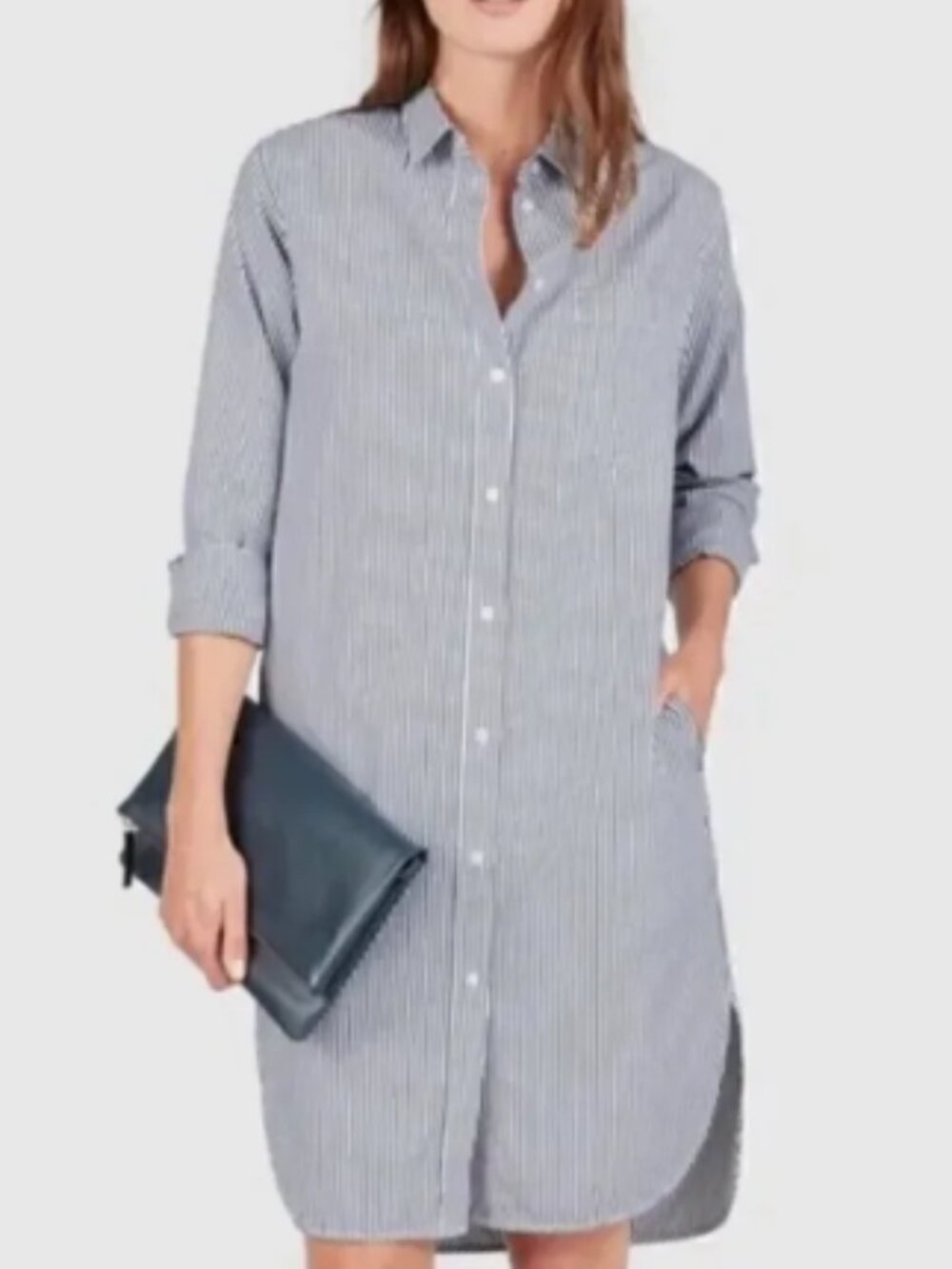 NWOT: EVERLANE White Charcoal Striped Cotton Poplin Long Sleeves Shirt Dress